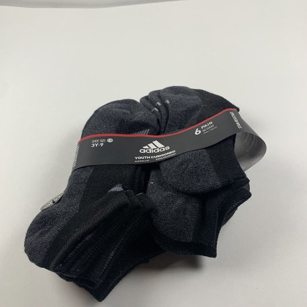 Adidas No Show Socks Big Boys Large Black Angle‎ Stripe Cushioned 6-Pack 8322